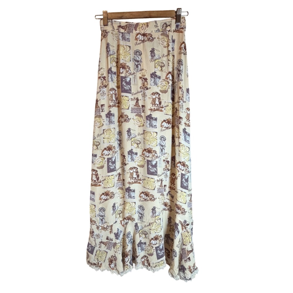 Vintage Aurora Clothing Rawhide Roses Western Maxi Skirt Lace Trim Small
